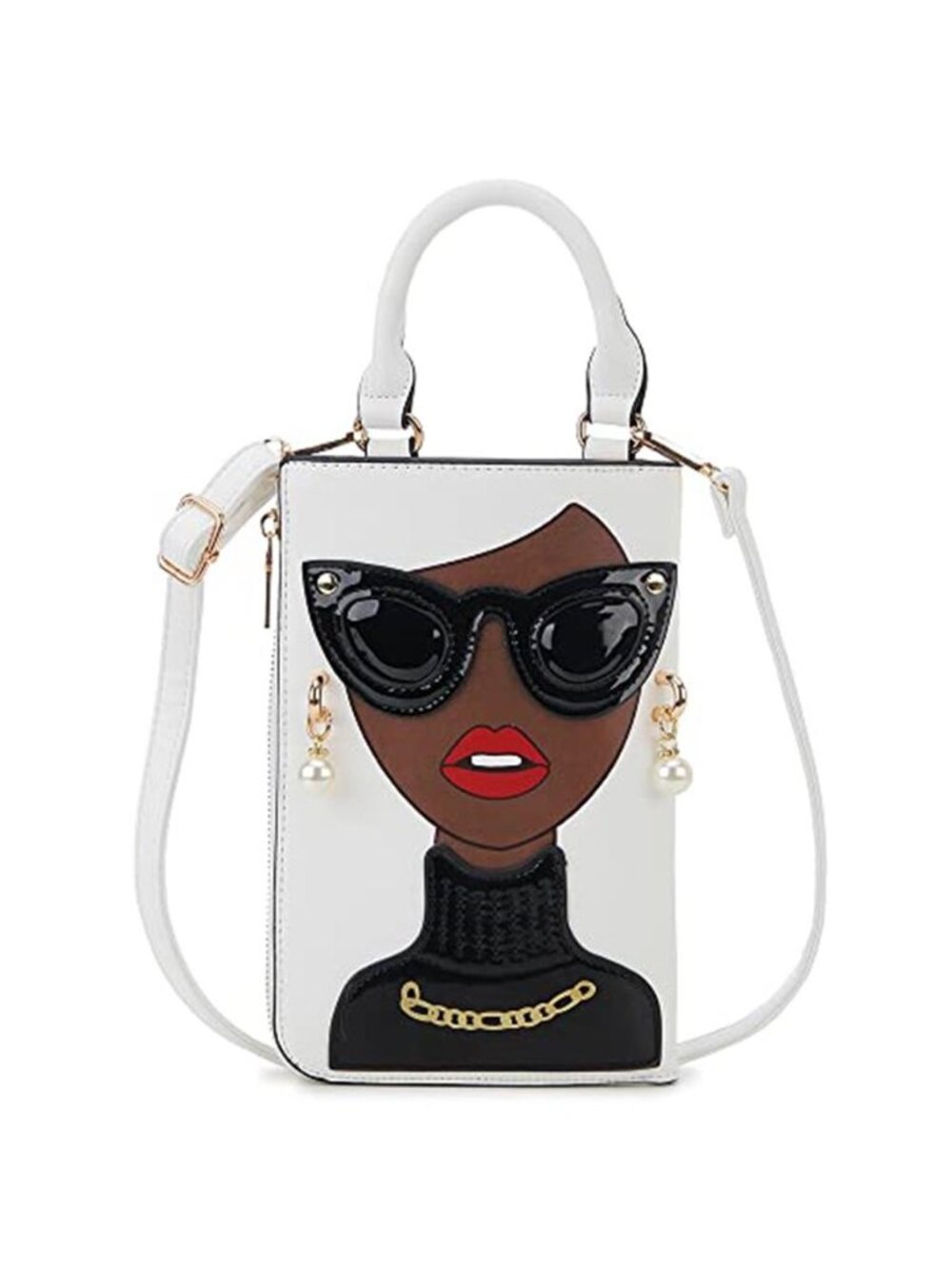 White Lady Face Satchel Purse PU Leather Top Handle Novelty Clutch Handbag